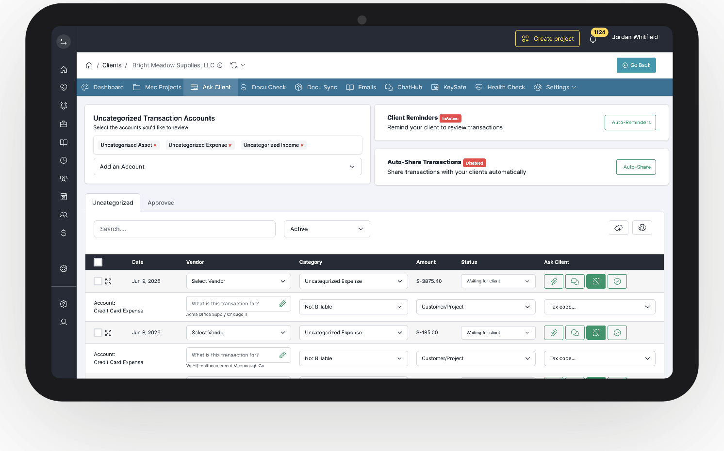 Accurek Ask Client workspace — uncategorized QuickBooks transactions with client review status