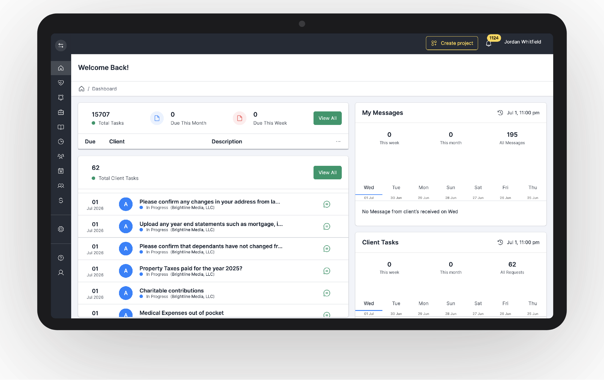 Accurek firm dashboard — task queue, client tasks and message activity