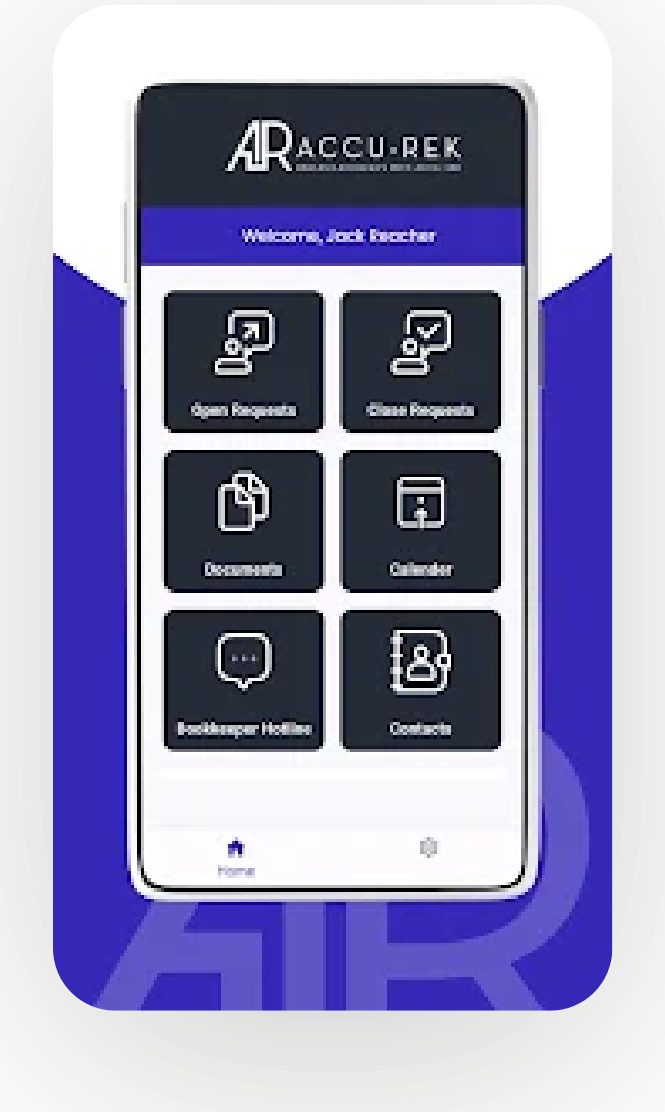 Accu-Rek mobile app home — open requests, close requests, documents, calendar, bookkeeper hotline and contacts