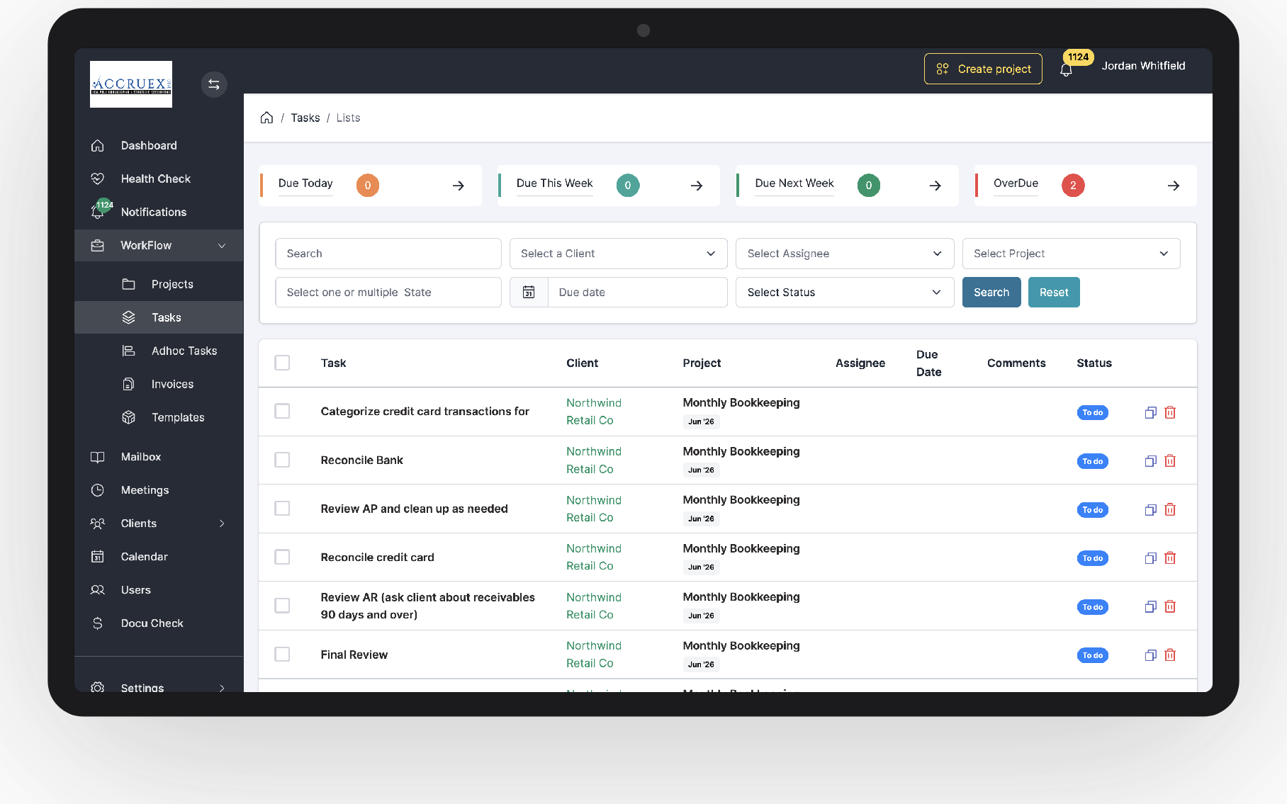 Accurek workflow — recurring bookkeeping tasks by client, project, assignee and status