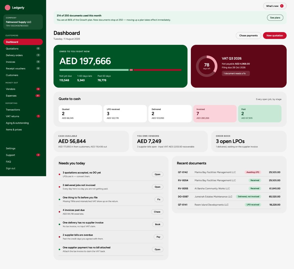 Ledgerly dashboard — money owed to you, VAT countdown and the quote-to-cash pipeline