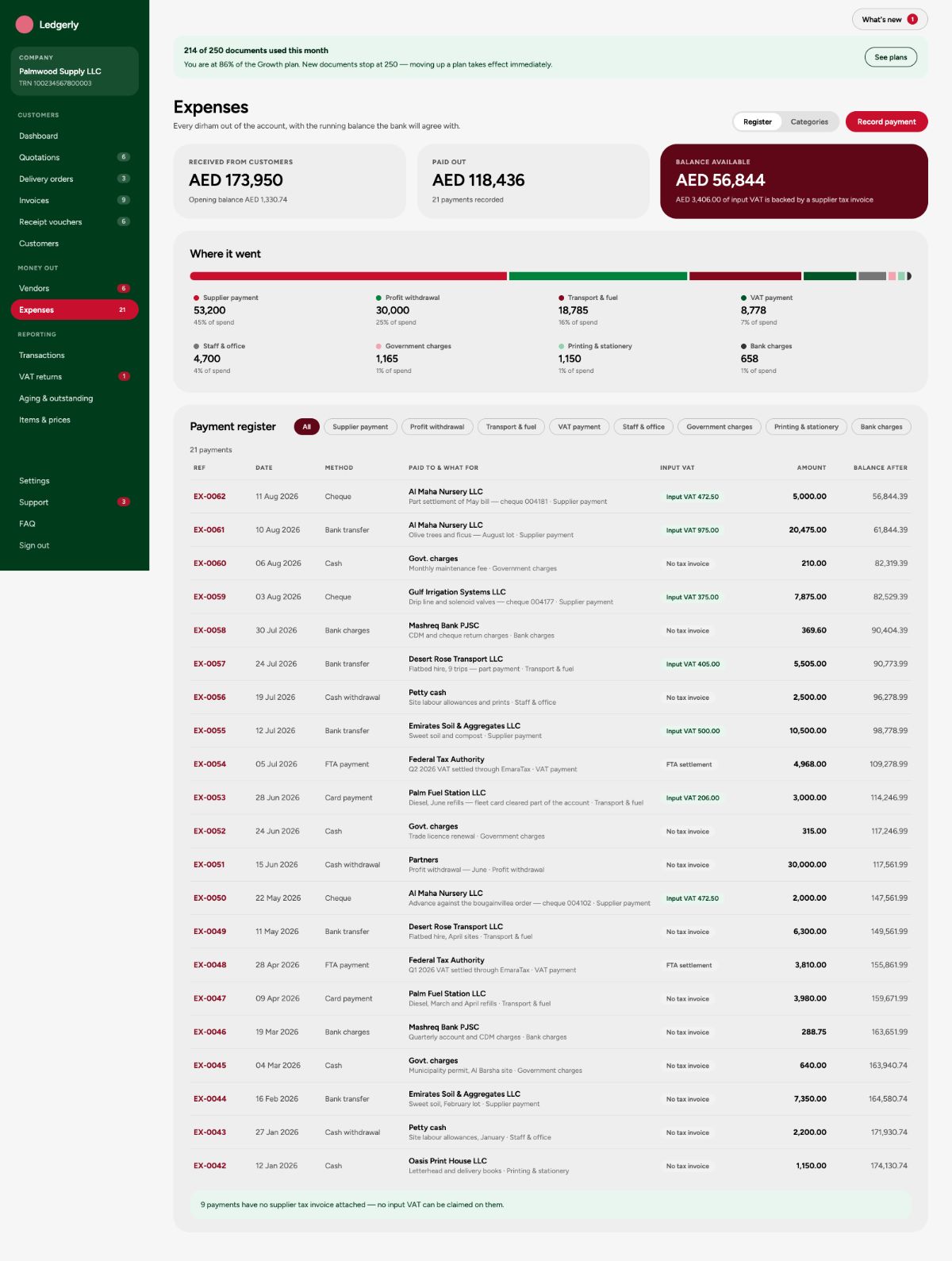Expenses screen — categorised and VAT-aware