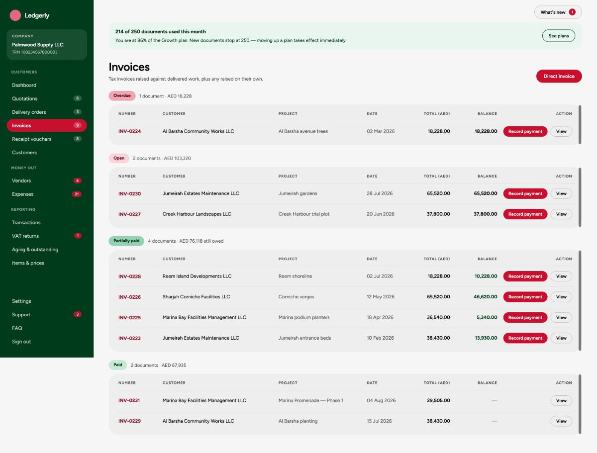 Tax invoices with balance and age on every row